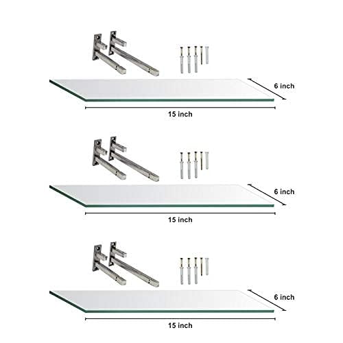 15x6 Set of 3 Wall Mounted Polished Glass Shelves | Multi-Purpose Floating Shelf for Bathroom, Kitchen, Living Room, Office, Bedroom