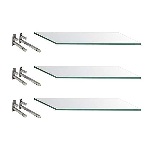 12x6 inch Set of 3 Wall Mounted Polished Glass Shelves | Multi-Purpose Floating Shelf for Bathroom, Kitchen, Living Room, Office, Bedroom
