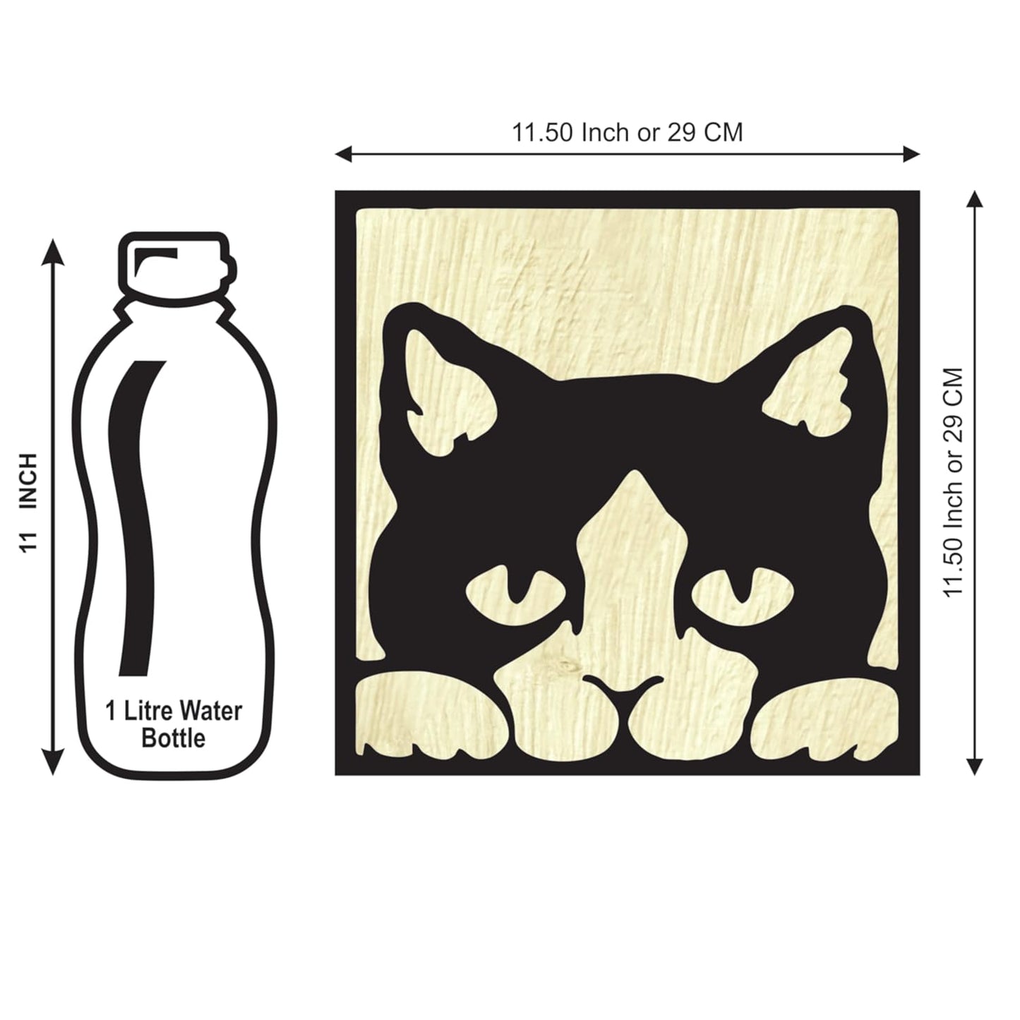 11 x 11 inch kitty-Themed Wooden Wall Decor Art | Self-Adhesive Dual-Tone MDF Wall Hanging for Living Room, Bedroom, Office