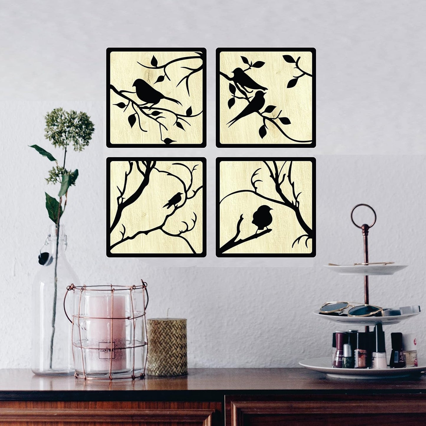 11 x 11 inch Bird-Themed Wooden Wall Decor Art | Self-Adhesive Dual-Tone MDF Wall Hanging for Living Room, Bedroom, Office