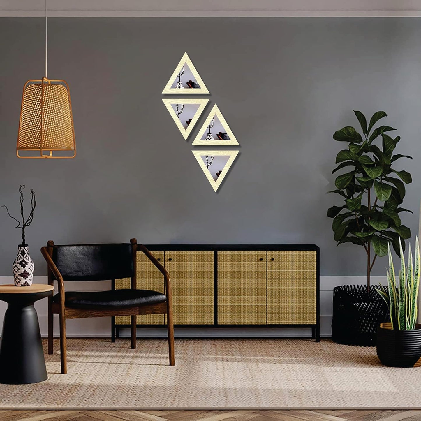 Triangular Wooden Wall Mirror Set of 4 – Self-Adhesive Decorative Mirrors for Living Room, Bedroom, Home Office, Lobby – 10x10 Inch Each