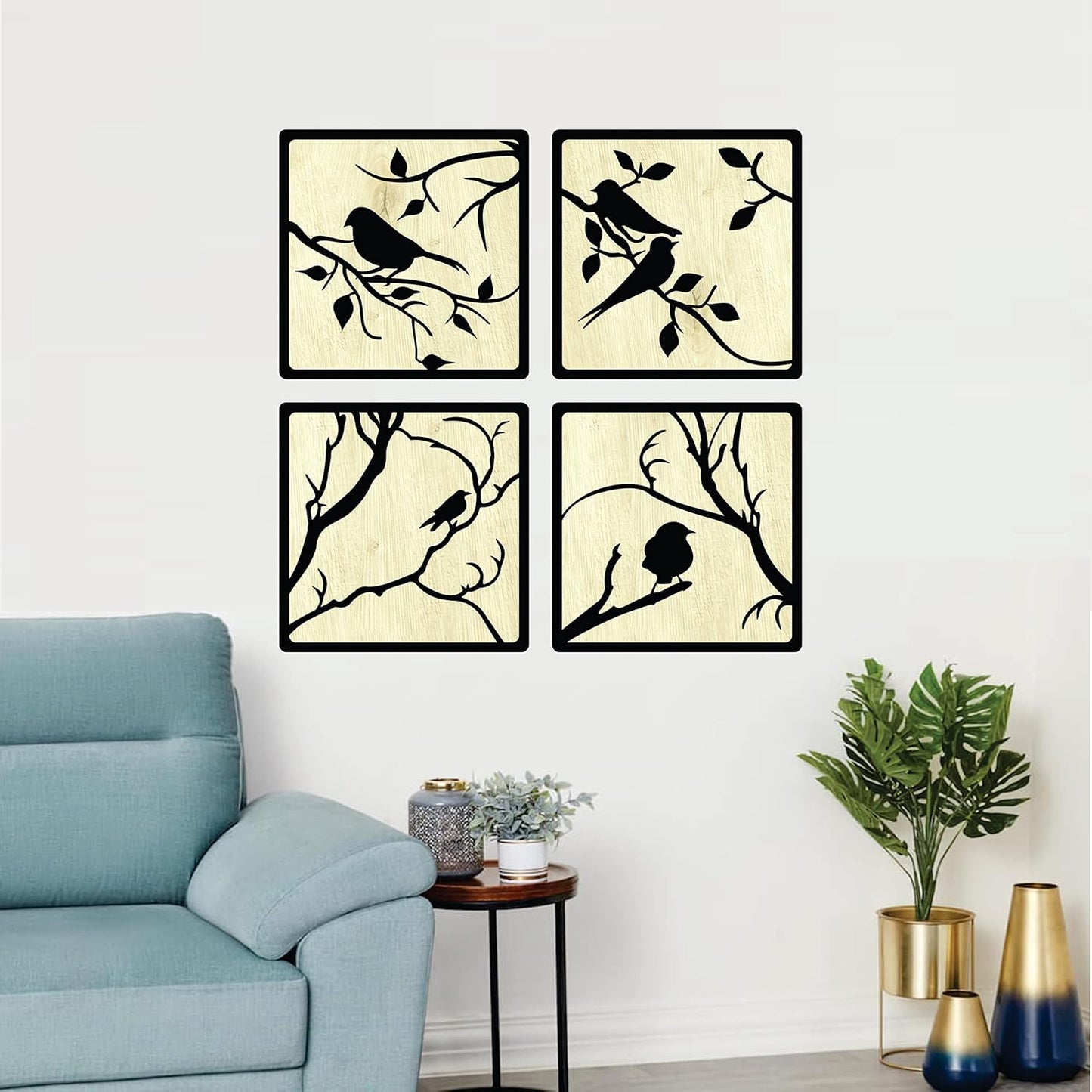 11 x 11 inch Bird-Themed Wooden Wall Decor Art | Self-Adhesive Dual-Tone MDF Wall Hanging for Living Room, Bedroom, Office