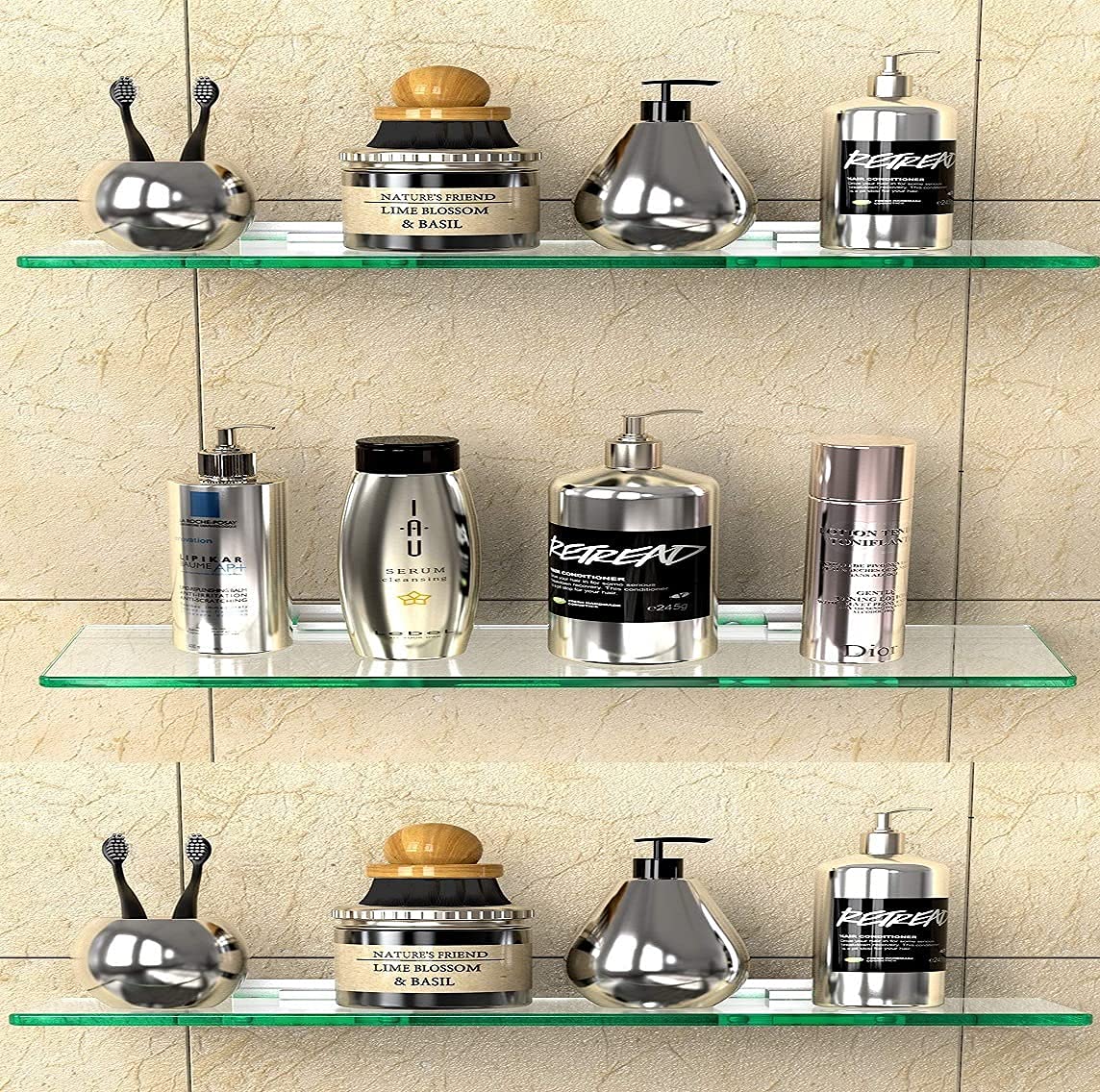 15x6 Set of 3 Wall Mounted Polished Glass Shelves | Multi-Purpose Floating Shelf for Bathroom, Kitchen, Living Room, Office, Bedroom