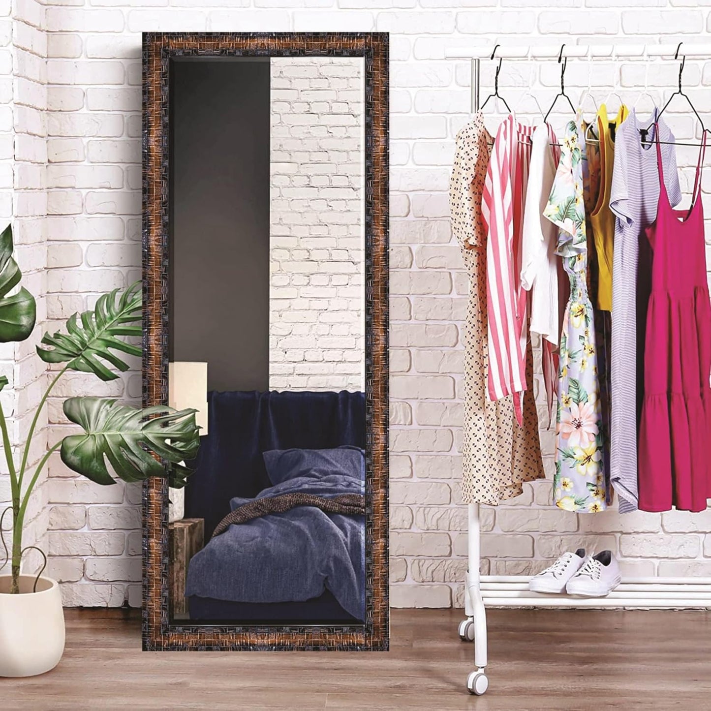 15x40 inch rectangular wall mirror with long fiber wood frame; wall-mounted design adds a sleek, modern touch to any home or living room décor