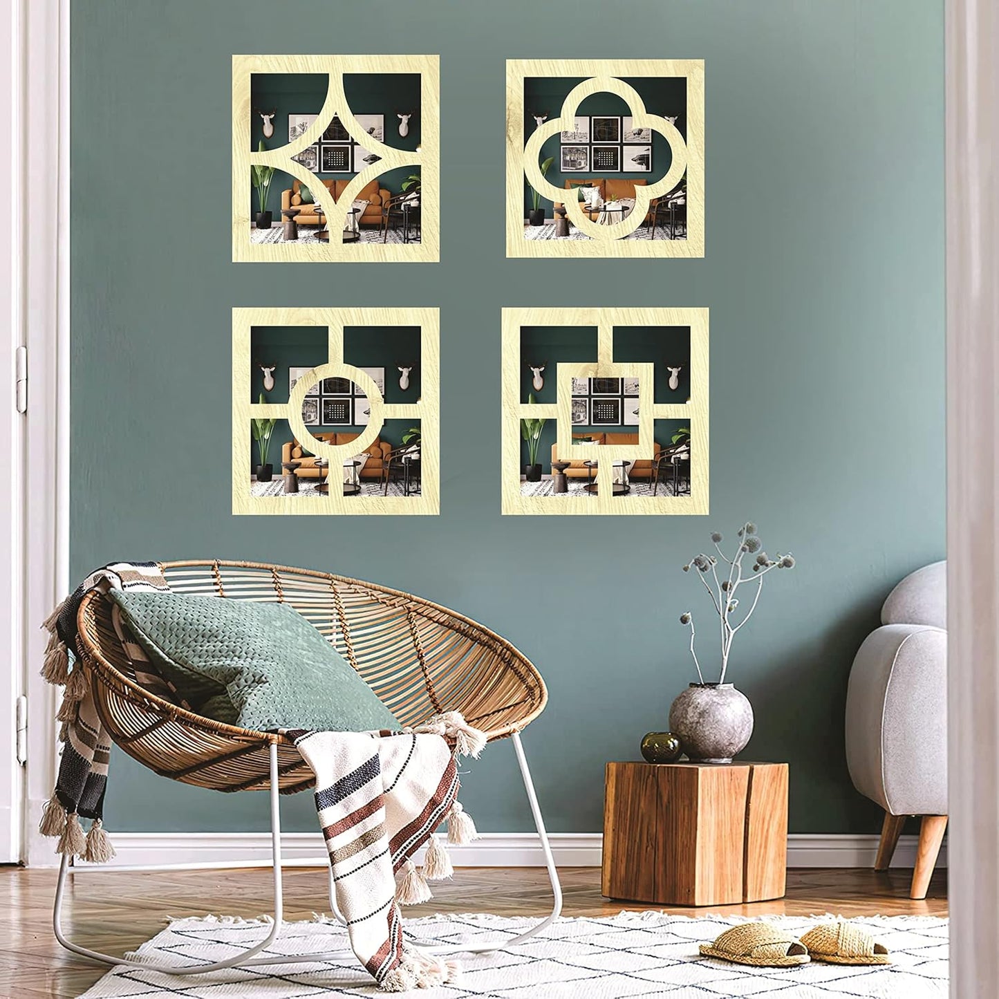Handcrafted Wooden Wall Mirror Panel Set of 4 – HOME Letter Square Mirrors for Living Room, Bedroom, Lobby – Modern Black Wall Décor
