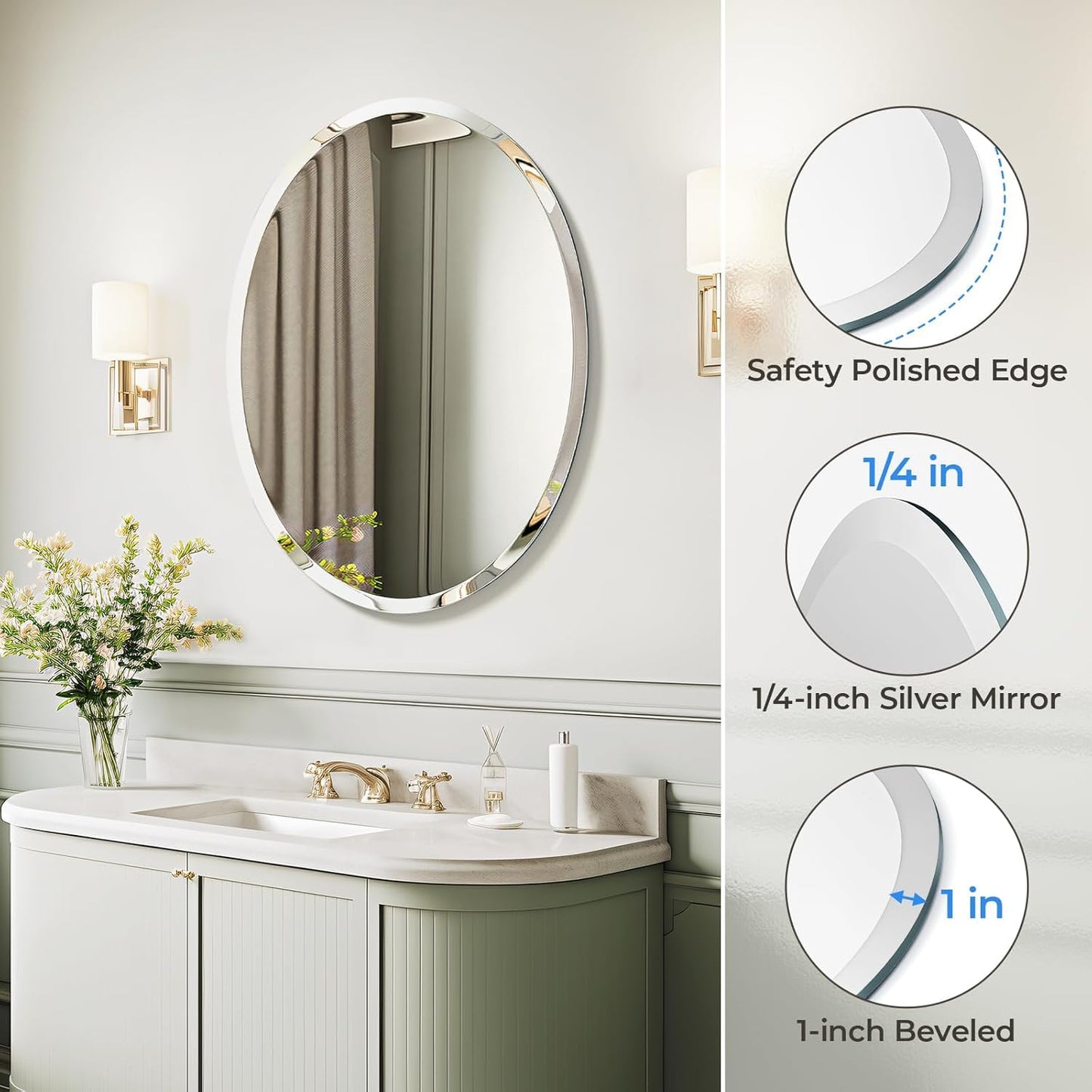 Frameless HD Oval mirror with beveled smooth edges and wall mount design; adds a clear, modern elegance to any home décor or living space