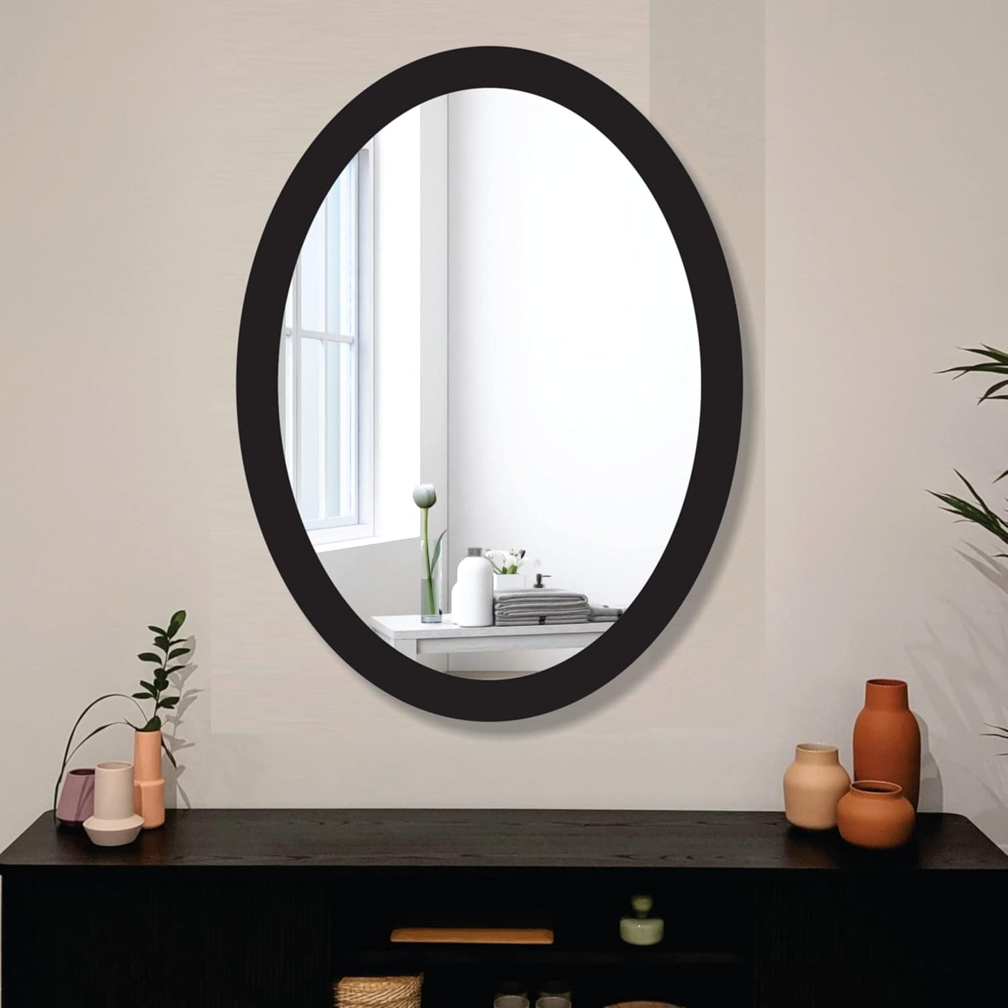 Wooden Oval Framed Wall Mirror for Bathroom, Bedroom, Living Room & Wash Basin – Vertical & Horizontal Mount, Lightweight & Stylish