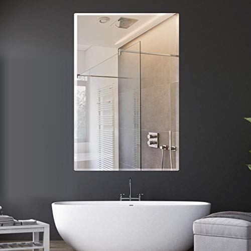 Frameless HD Rectangular mirror with beveled smooth edges and wall mount design; adds a clear, modern elegance to any home décor or living space