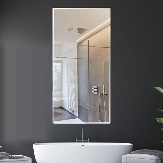 Frameless 5mm HD wall mirror with beveled smooth edges; a sleek rectangular design perfect for bathroom or home décor with clear, sharp reflection