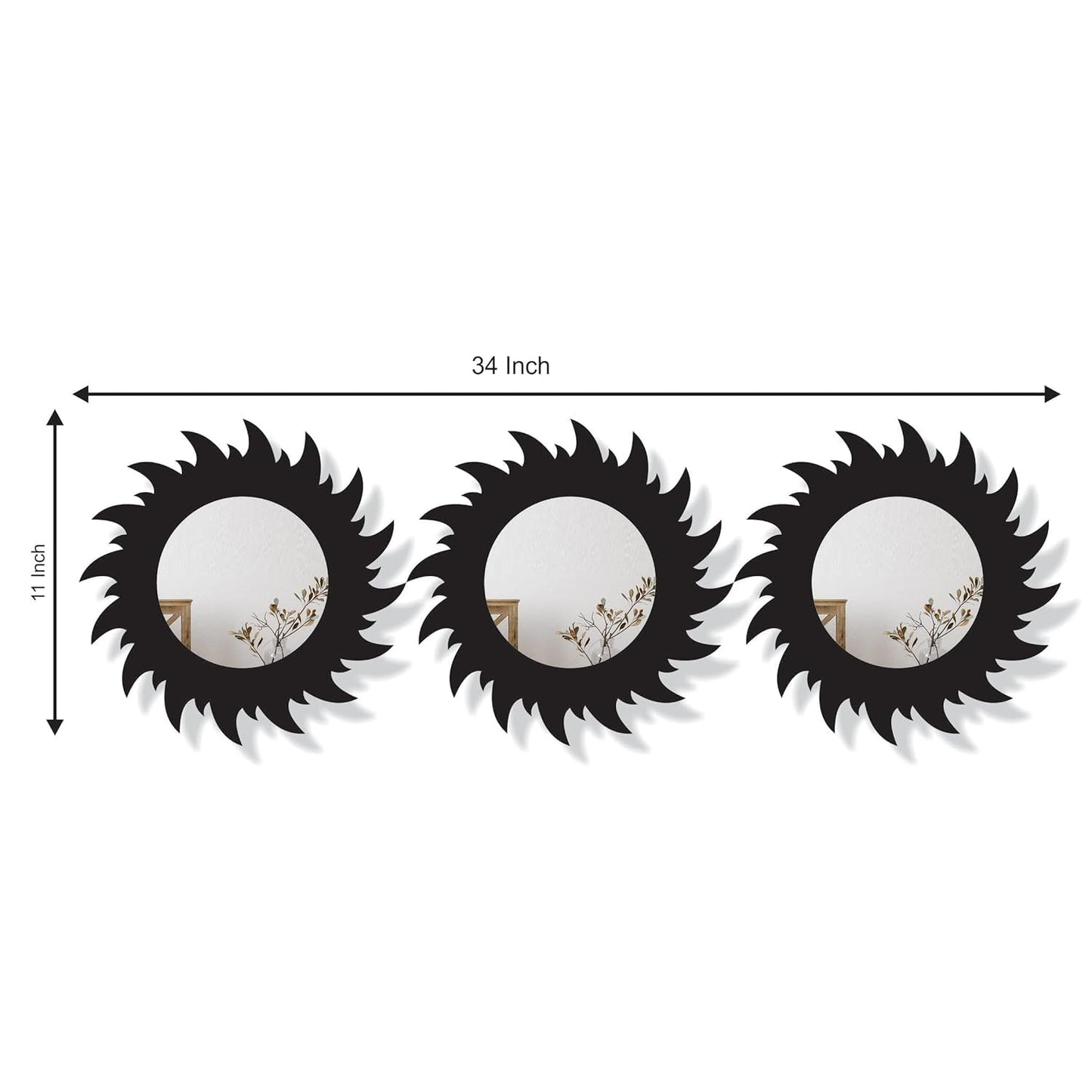 11-inch Round Decorative Wall Mirror Set - Handcrafted Wooden Frame HD Mirror Panels for Living Room & Bedroom Decor - Modern Sunburst Design (Set of 3)