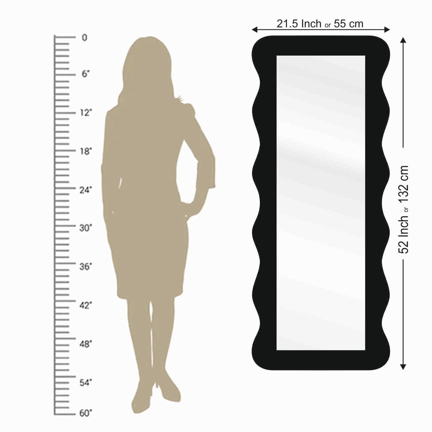 22 x 52 inch Full Length Dressing Cheval Mirror – Zigzag Curvy Irregular Shape, Long MDF Wood Framed HD Mirror for Bedroom, Living Room & Home Decor