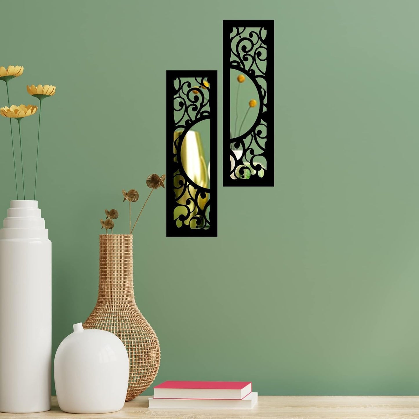4X13 Set of 2 Handcrafted Wooden Wall Mirror Panels – Jharokha Style Decorative Wall Accents for Living Room, Bedroom, Lobby, or Entryway Wall Décor