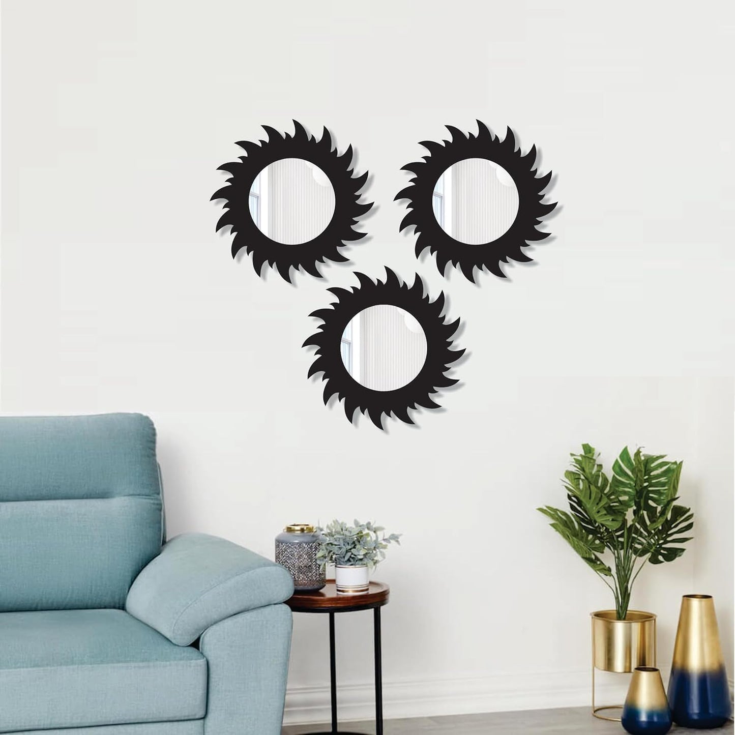 11-inch Round Decorative Wall Mirror Set - Handcrafted Wooden Frame HD Mirror Panels for Living Room & Bedroom Decor - Modern Sunburst Design (Set of 3)