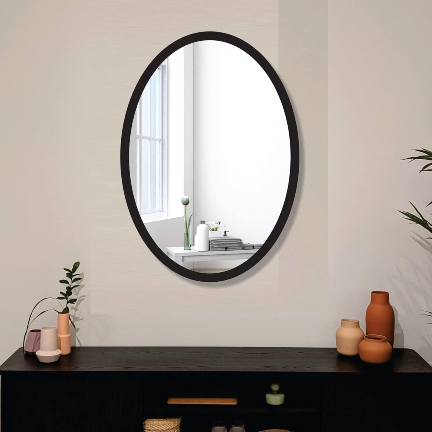 Wooden Oval Framed Wall Mirror for Bathroom, Bedroom, Living Room & Wash Basin – Vertical & Horizontal Mount, Lightweight & Stylish