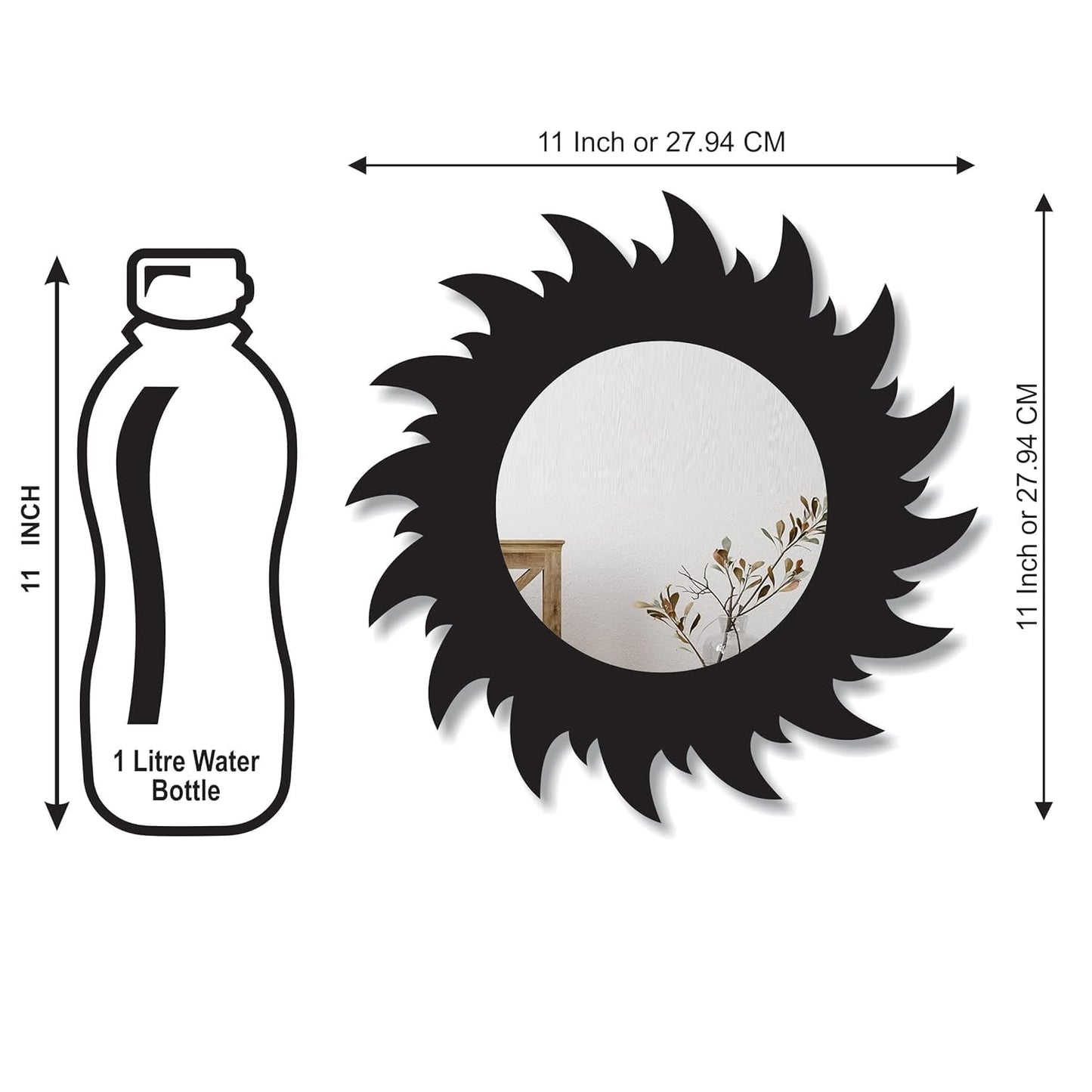11-inch Round Decorative Wall Mirror Set - Handcrafted Wooden Frame HD Mirror Panels for Living Room & Bedroom Decor - Modern Sunburst Design (Set of 3)