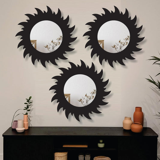 11-inch Round Decorative Wall Mirror Set - Handcrafted Wooden Frame HD Mirror Panels for Living Room & Bedroom Decor - Modern Sunburst Design (Set of 3)