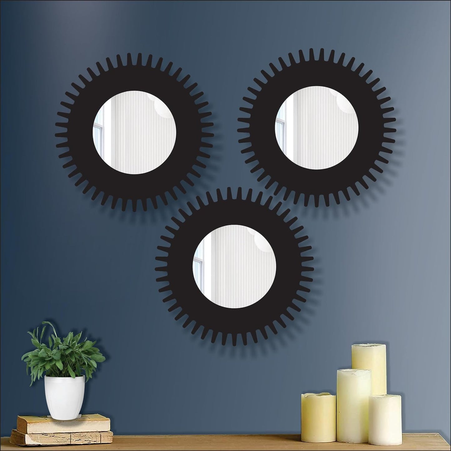 11-inch Round Decorative Wall Mirror Set - Handcrafted Wooden Frame HD Mirror Panels for Living Room & Bedroom Decor - Modern Sunburst Design (Set of 3)