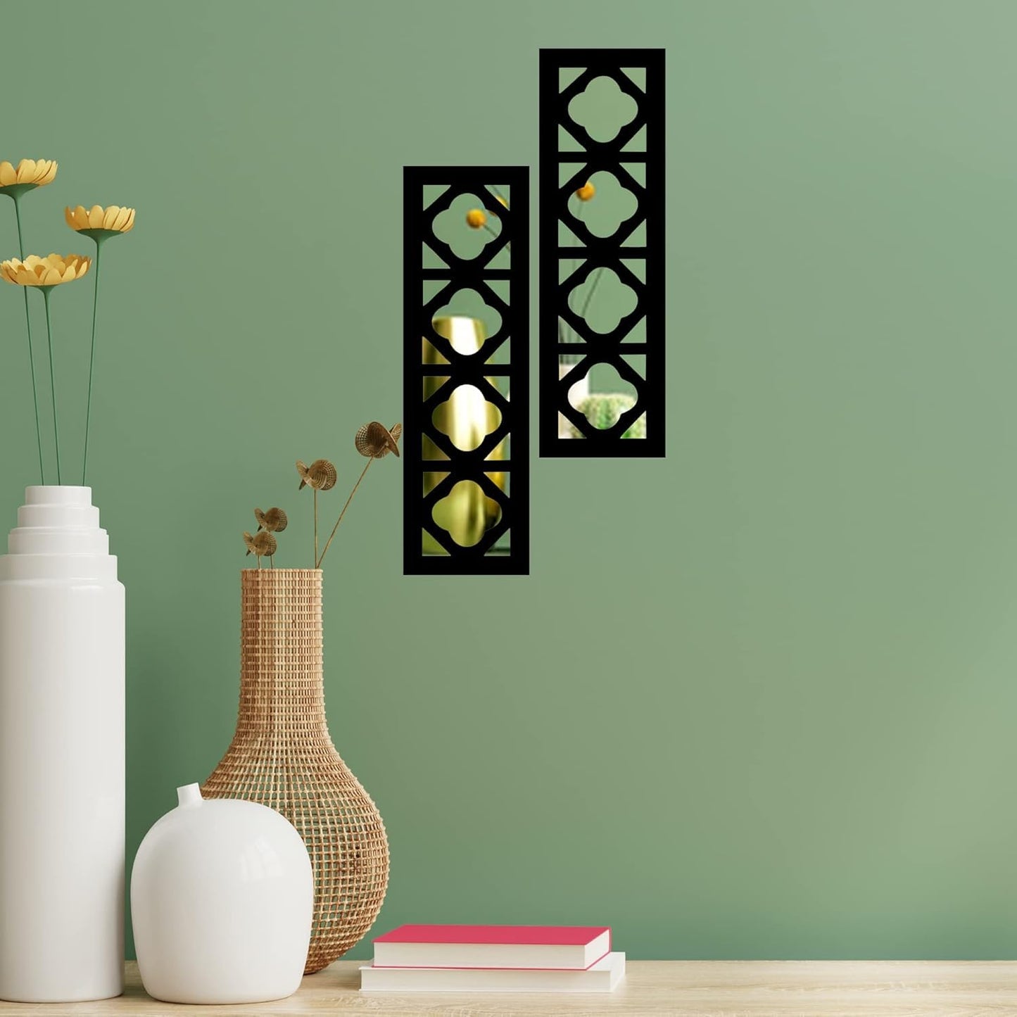 4X13 Set of 2 Handcrafted Wooden Wall Mirror Panels – Jharokha Style Decorative Wall Accents for Living Room, Bedroom, Lobby, or Entryway Wall Décor