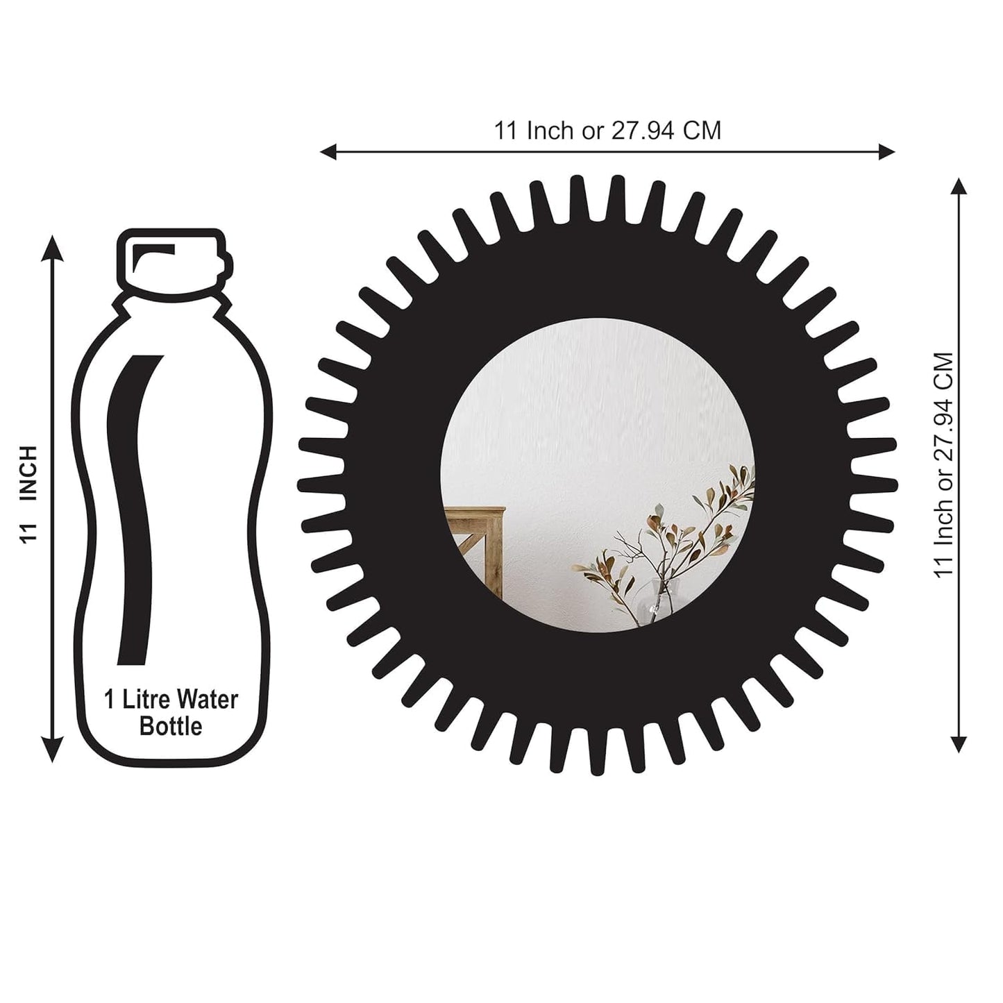 11-inch Round Decorative Wall Mirror Set - Handcrafted Wooden Frame HD Mirror Panels for Living Room & Bedroom Decor - Modern Sunburst Design (Set of 3)