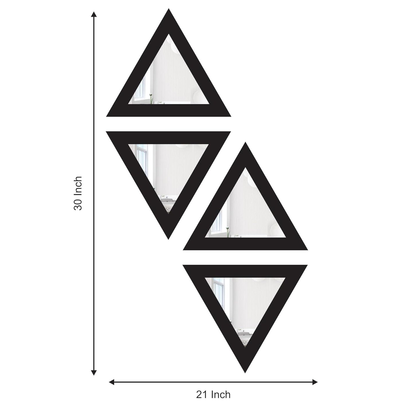 Triangular Wooden Wall Mirror Set of 4 – Self-Adhesive Decorative Mirrors for Living Room, Bedroom, Home Office, Lobby – 10x10 Inch Each