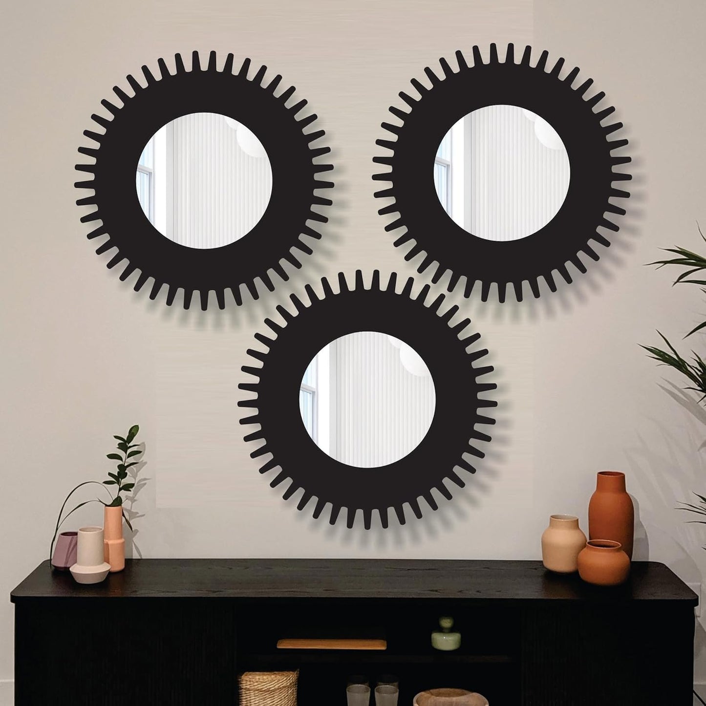 11-inch Round Decorative Wall Mirror Set - Handcrafted Wooden Frame HD Mirror Panels for Living Room & Bedroom Decor - Modern Sunburst Design (Set of 3)