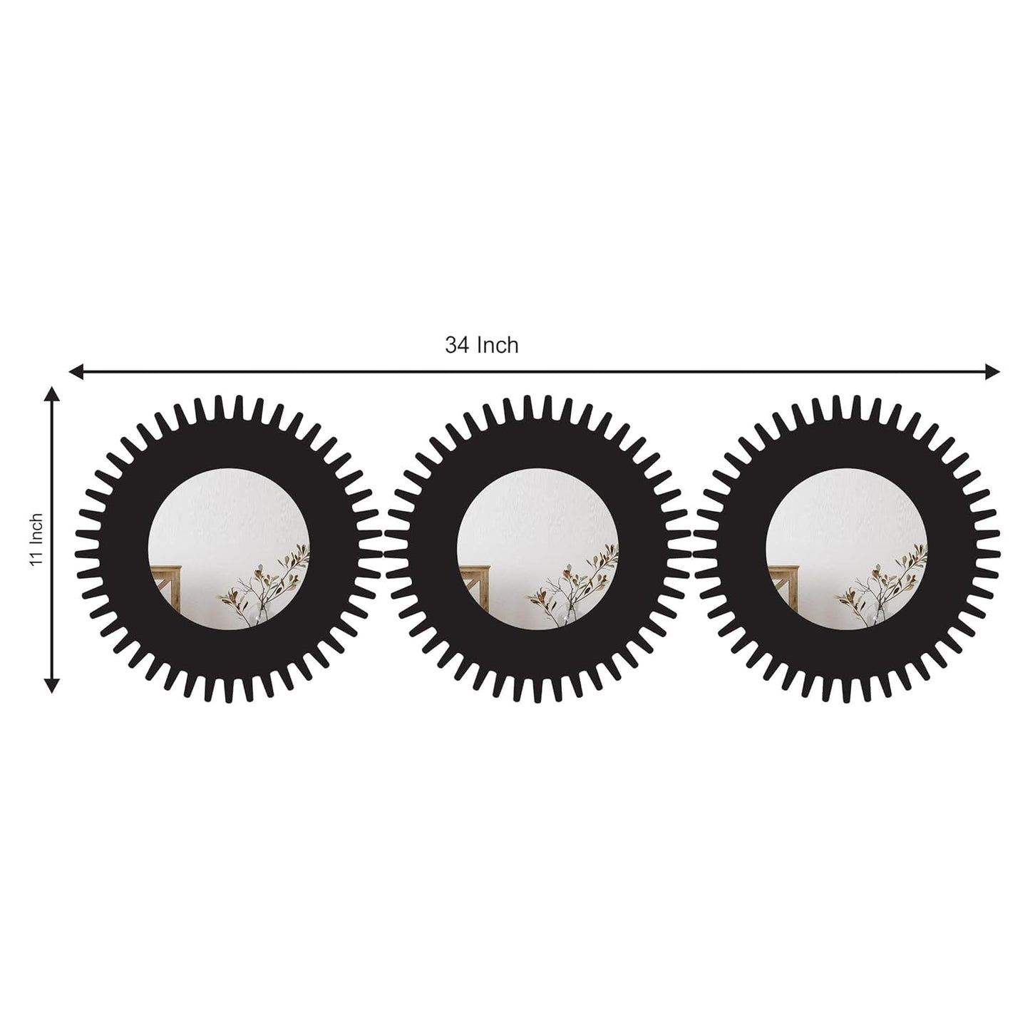 11-inch Round Decorative Wall Mirror Set - Handcrafted Wooden Frame HD Mirror Panels for Living Room & Bedroom Decor - Modern Sunburst Design (Set of 3)