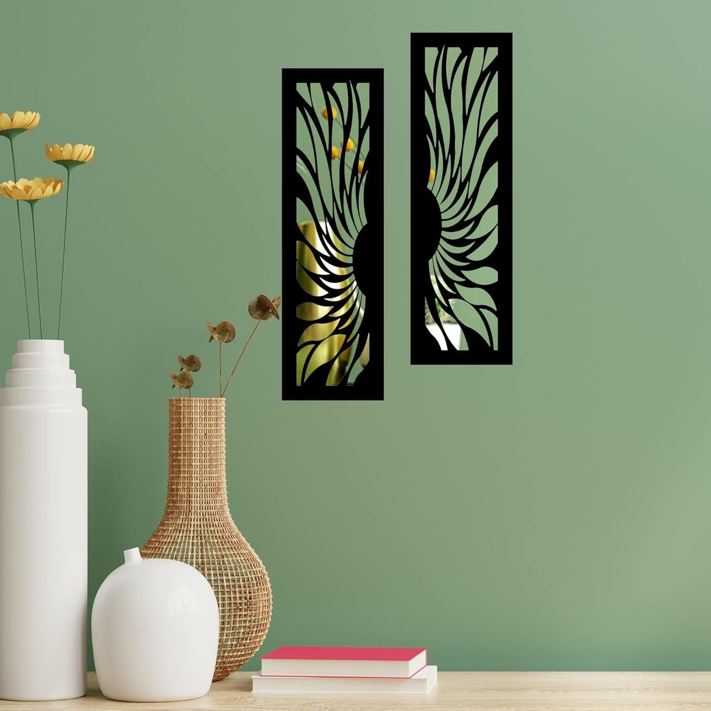 4X13 Set of 2 Handcrafted Wooden Wall Mirror Panels – Jharokha Style Decorative Wall Accents for Living Room, Bedroom, Lobby, or Entryway Wall Décor