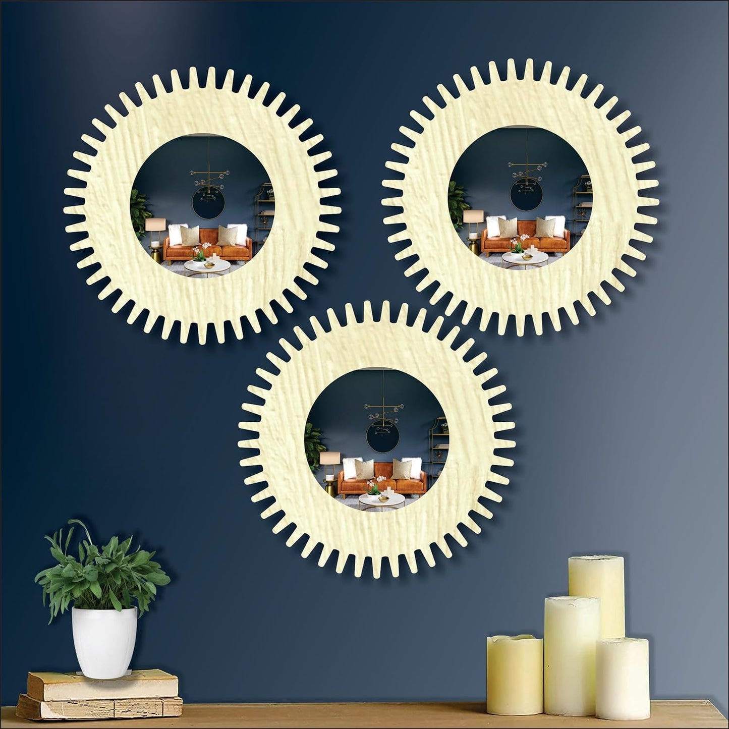11-inch Round Decorative Wall Mirror Set - Handcrafted Wooden Frame HD Mirror Panels for Living Room & Bedroom Decor - Modern Sunburst Design (Set of 3)