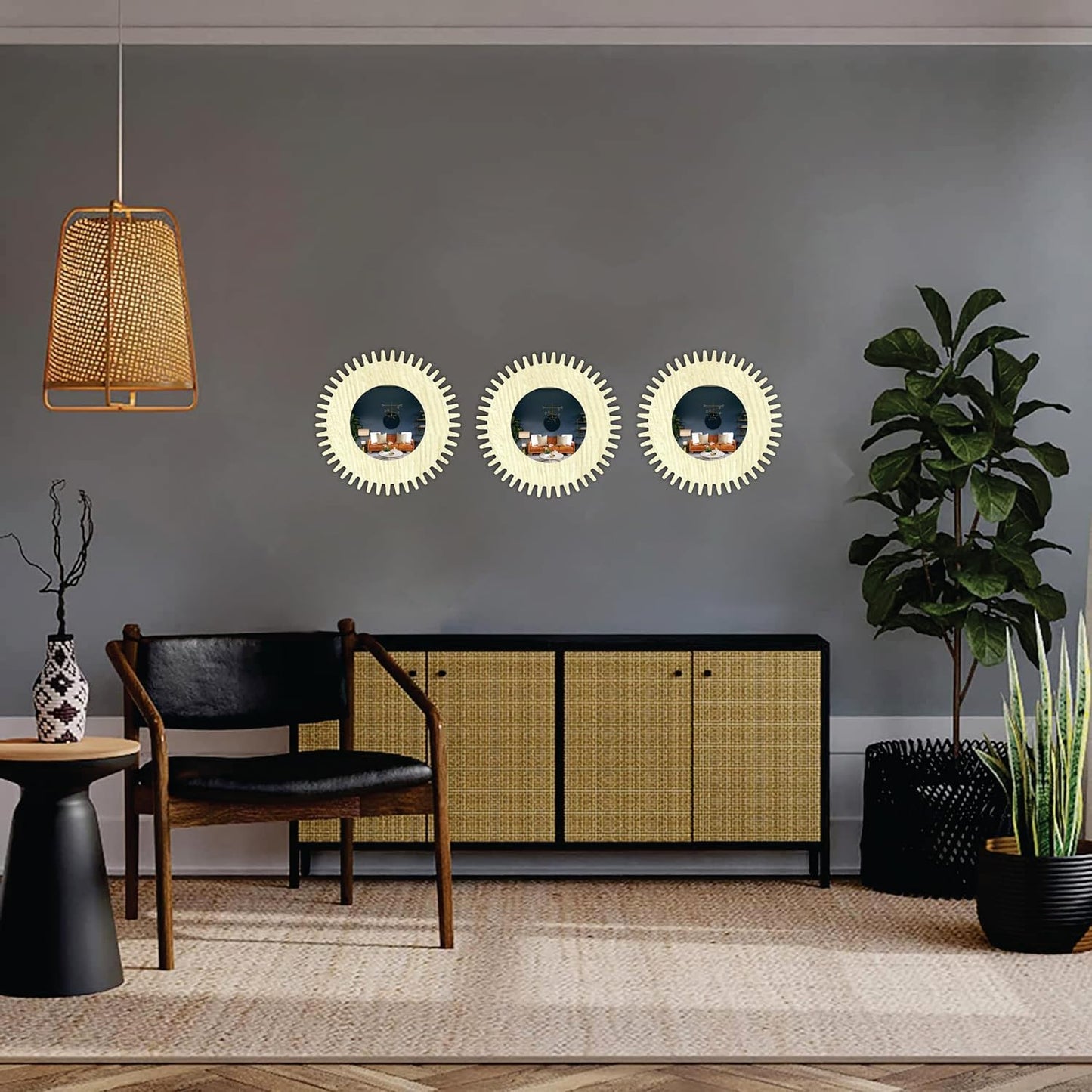 11-inch Round Decorative Wall Mirror Set - Handcrafted Wooden Frame HD Mirror Panels for Living Room & Bedroom Decor - Modern Sunburst Design (Set of 3)