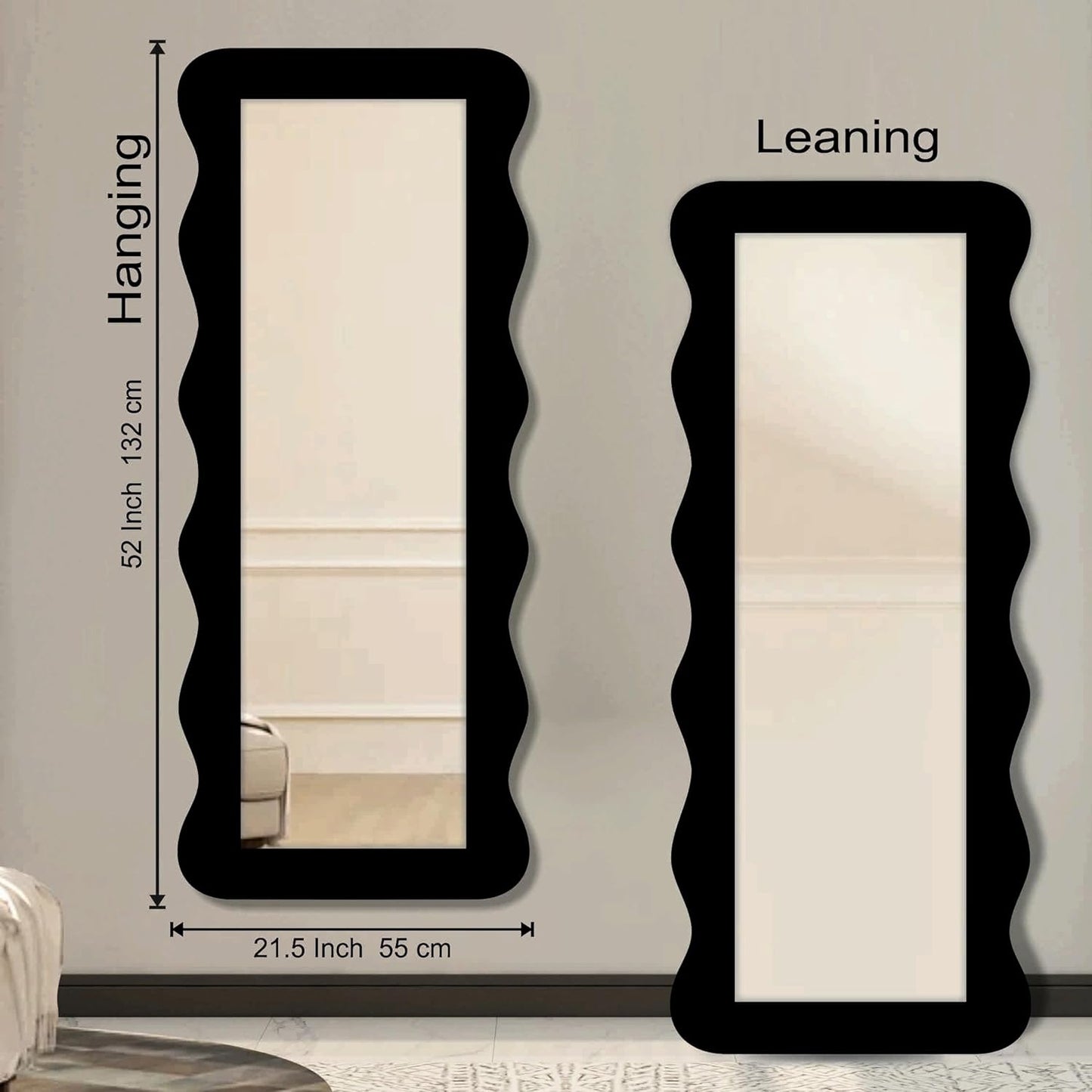 22 x 52 inch Full Length Dressing Cheval Mirror – Zigzag Curvy Irregular Shape, Long MDF Wood Framed HD Mirror for Bedroom, Living Room & Home Decor