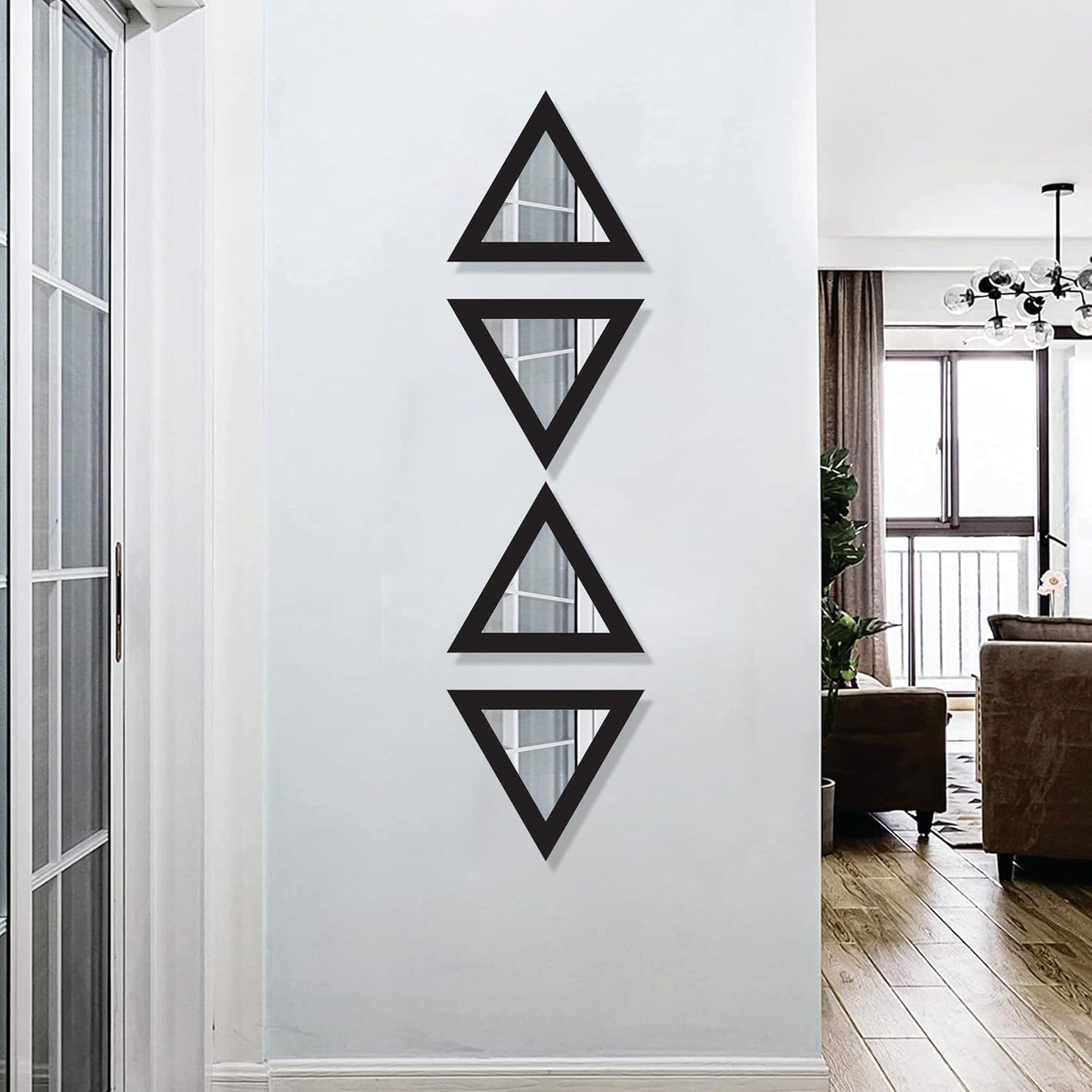Triangular Wooden Wall Mirror Set of 4 – Self-Adhesive Decorative Mirrors for Living Room, Bedroom, Home Office, Lobby – 10x10 Inch Each