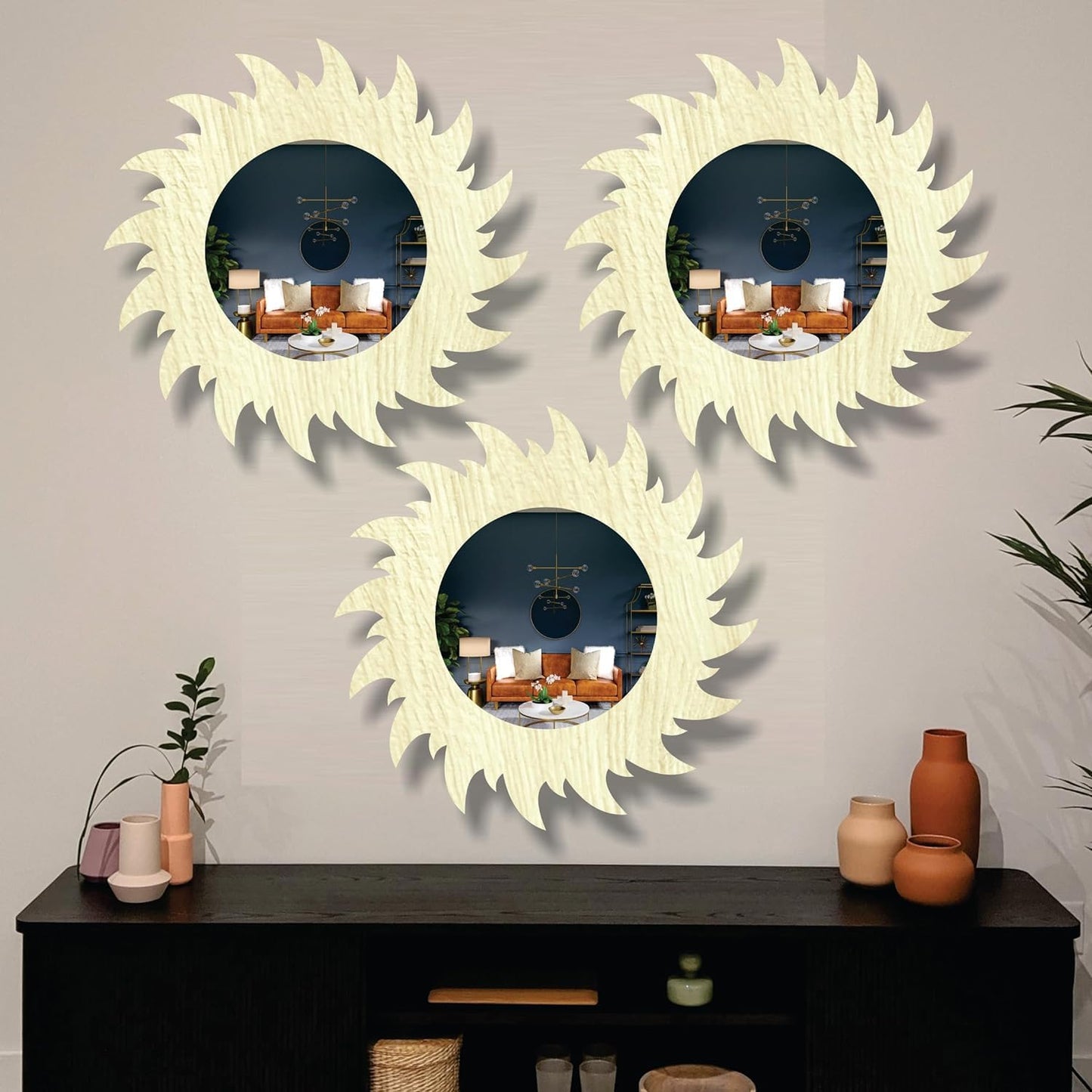 11-inch Round Decorative Wall Mirror Set - Handcrafted Wooden Frame HD Mirror Panels for Living Room & Bedroom Decor - Modern Sunburst Design (Set of 3)