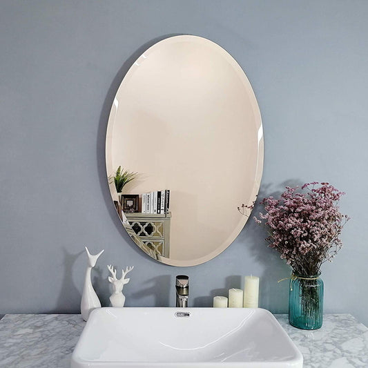 Frameless HD Oval mirror with beveled smooth edges and wall mount design; adds a clear, modern elegance to any home décor or living space