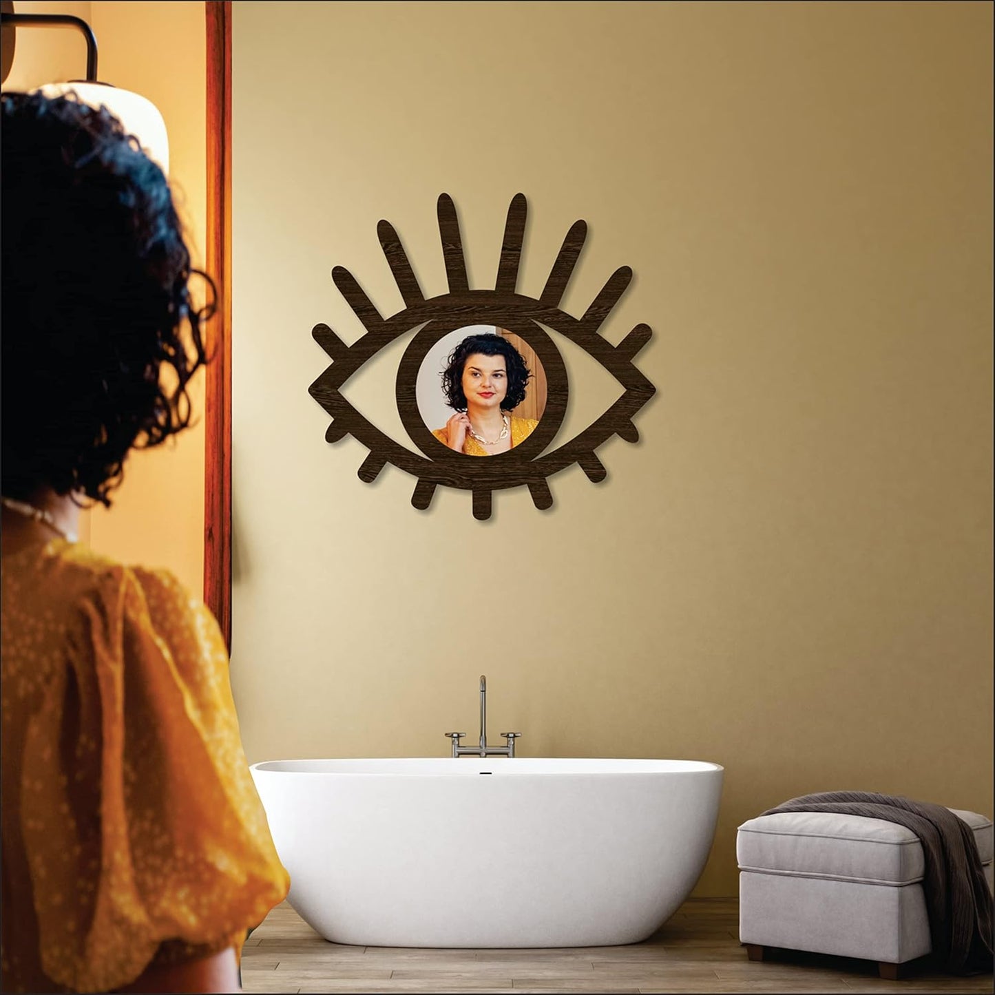 Eye-Shaped Wooden Decorative Wall Mirror – Wall-Mounted Pine Wood Mirror for Living Room, Bedroom, Entryway, and Home Decor