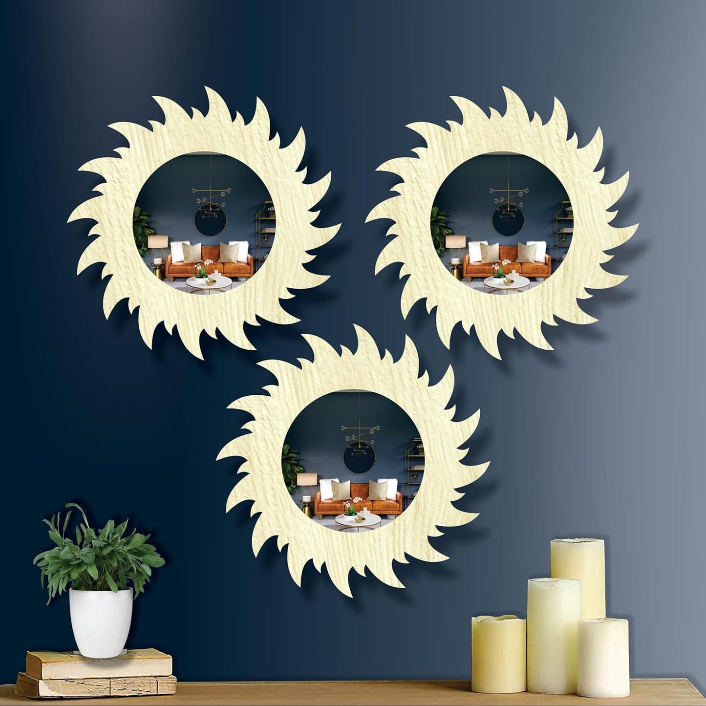 11-inch Round Decorative Wall Mirror Set - Handcrafted Wooden Frame HD Mirror Panels for Living Room & Bedroom Decor - Modern Sunburst Design (Set of 3)