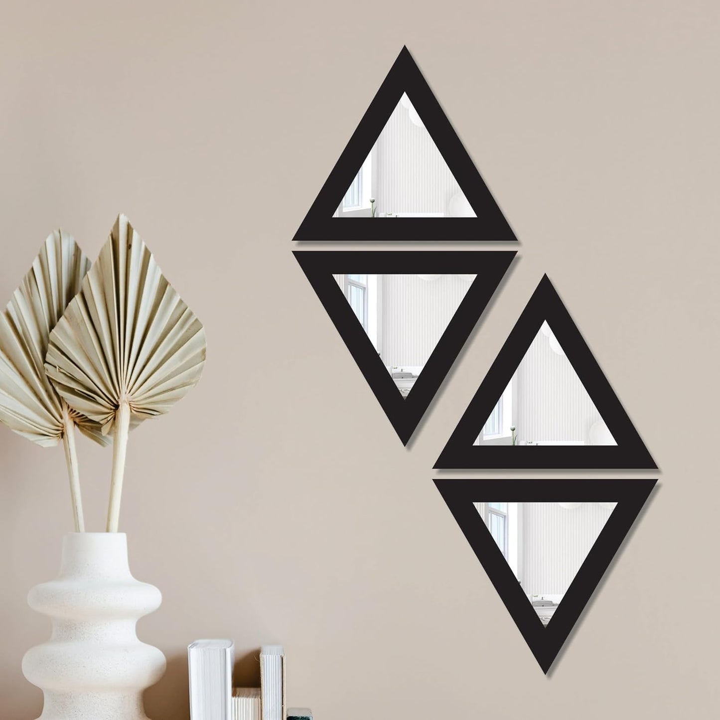 Triangular Wooden Wall Mirror Set of 4 – Self-Adhesive Decorative Mirrors for Living Room, Bedroom, Home Office, Lobby – 10x10 Inch Each