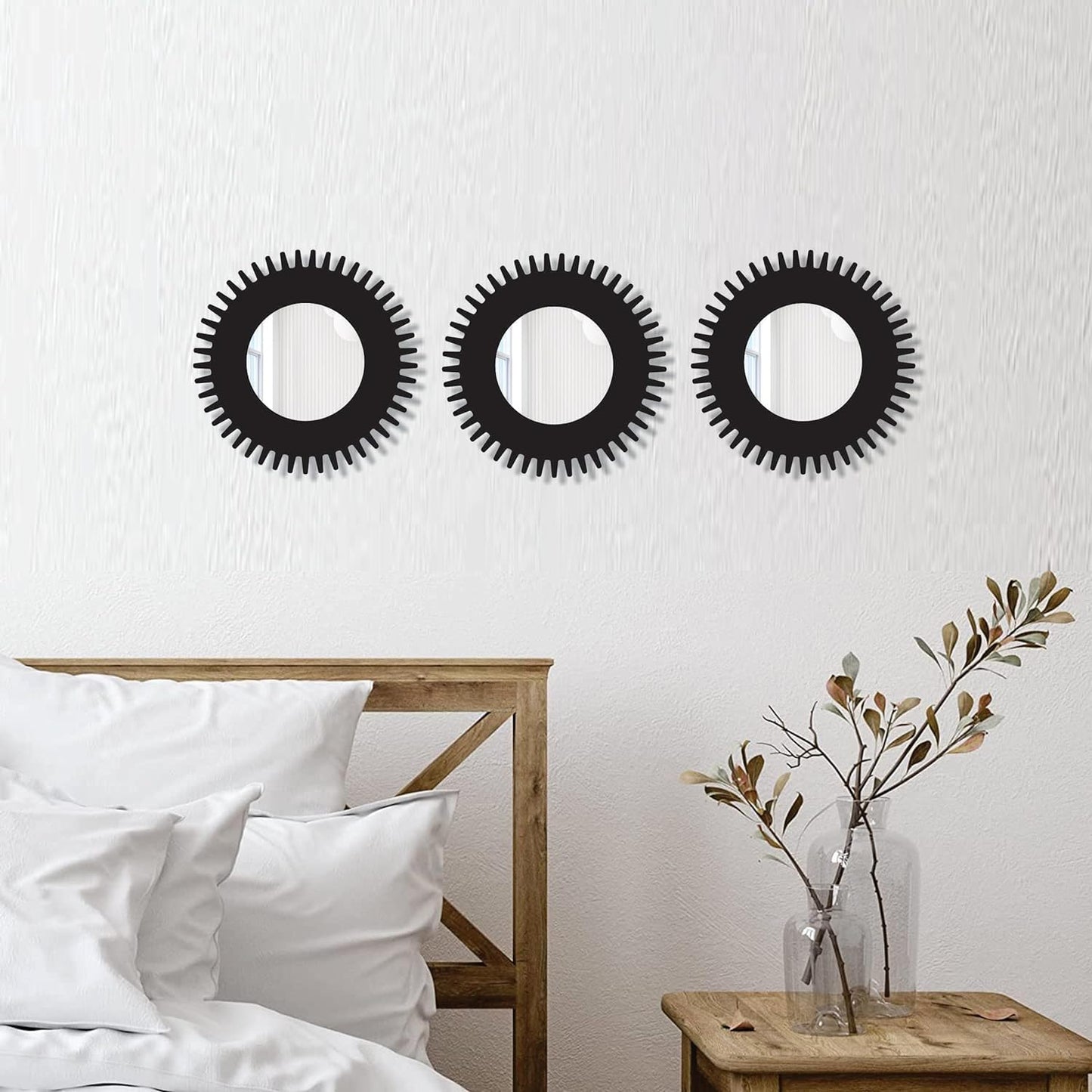 11-inch Round Decorative Wall Mirror Set - Handcrafted Wooden Frame HD Mirror Panels for Living Room & Bedroom Decor - Modern Sunburst Design (Set of 3)