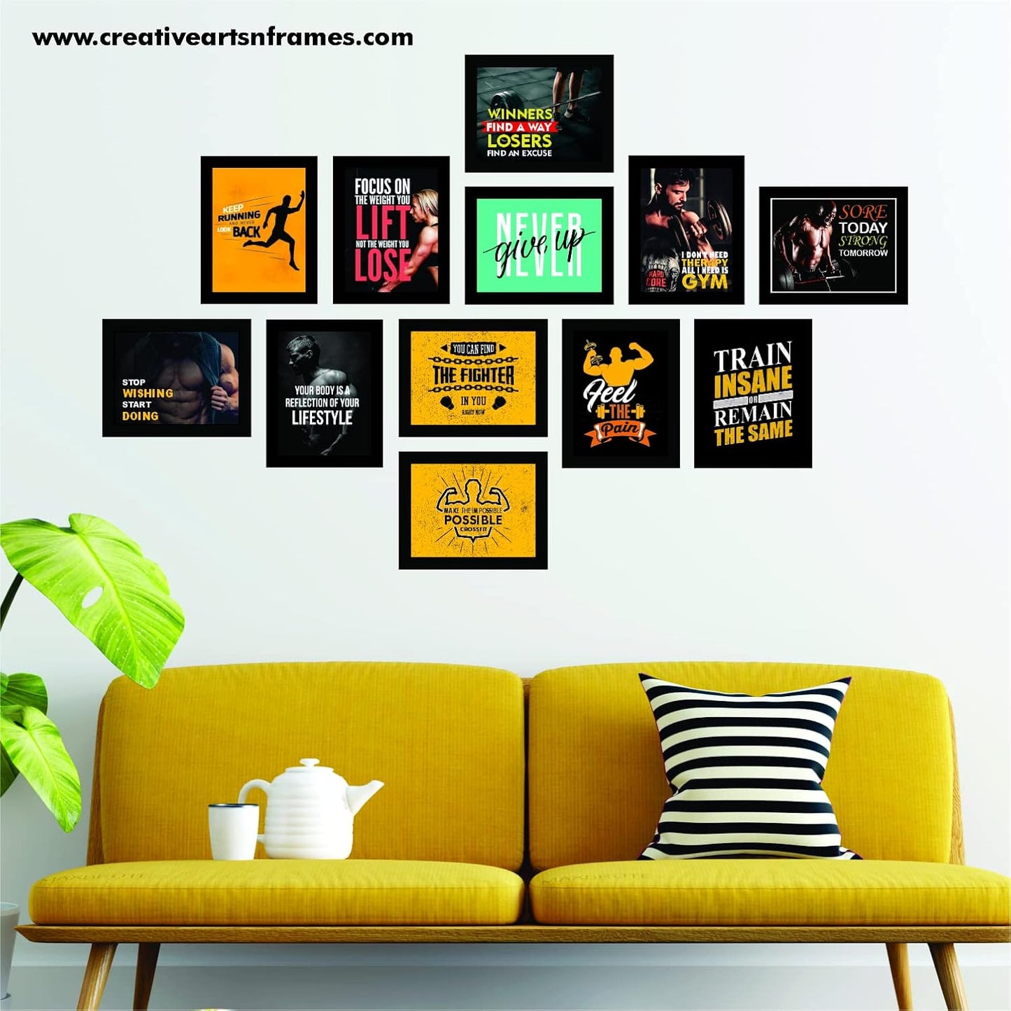 Set of 12 Avant Garde Framed Motivational Gym Posters | 7 x 9 inch Each | Wall Mount Rectangular Wall Art for Home or Office