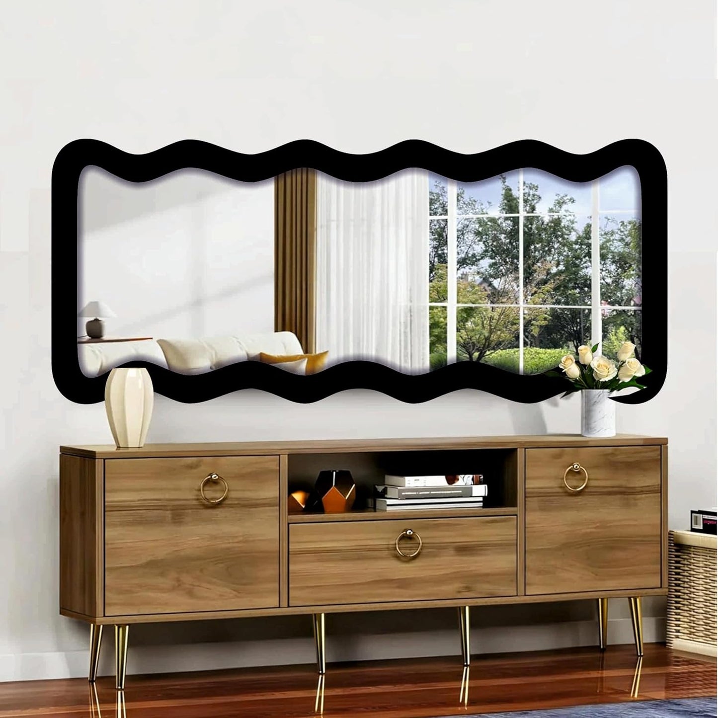 22 x 52 inch Full Length Dressing Cheval Mirror – Zigzag Curvy Irregular Shape MDF Wood Framed HD Mirror for Bedroom, Living Room & Home Decor