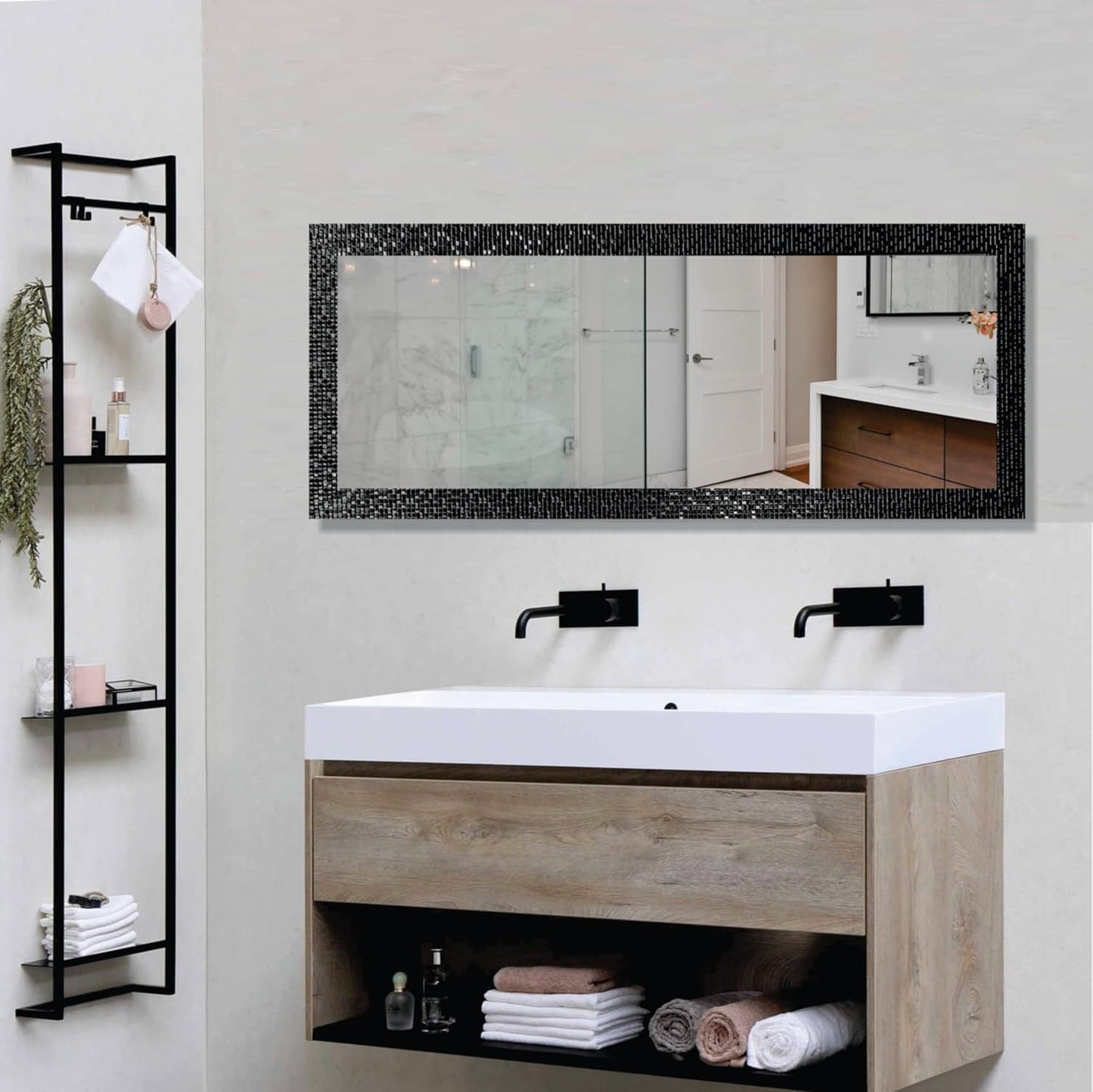 15x40 inch rectangular wall mirror with long fiber wood frame; wall-mounted design adds a sleek, modern touch to any home or living room décor