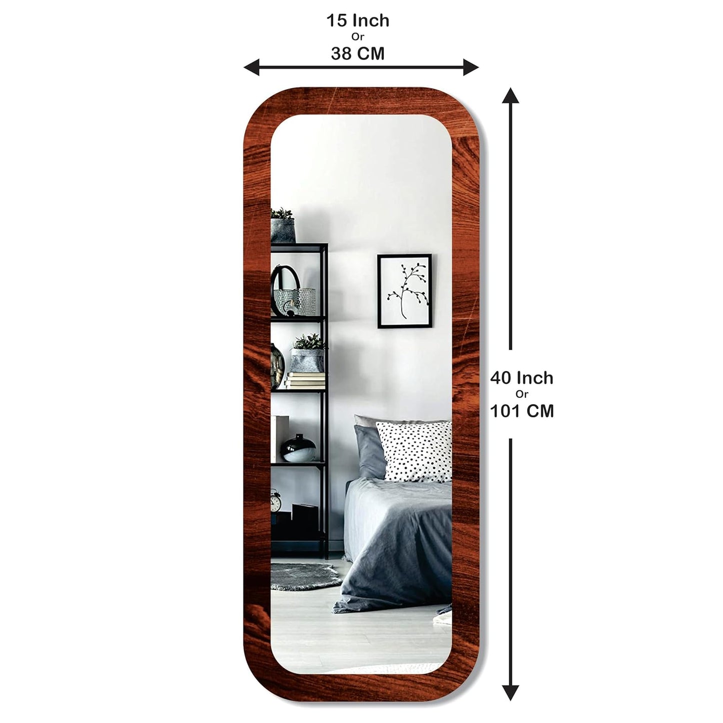 Rectangular 15x40 inch wall mirror with round corners and long fiber wood frame; perfect wall-mounted décor piece for a modern, stylish home look
