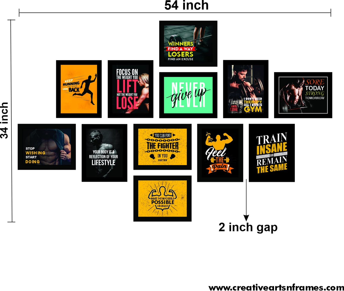Set of 12 Avant Garde Framed Motivational Gym Posters | 7 x 9 inch Each | Wall Mount Rectangular Wall Art for Home or Office