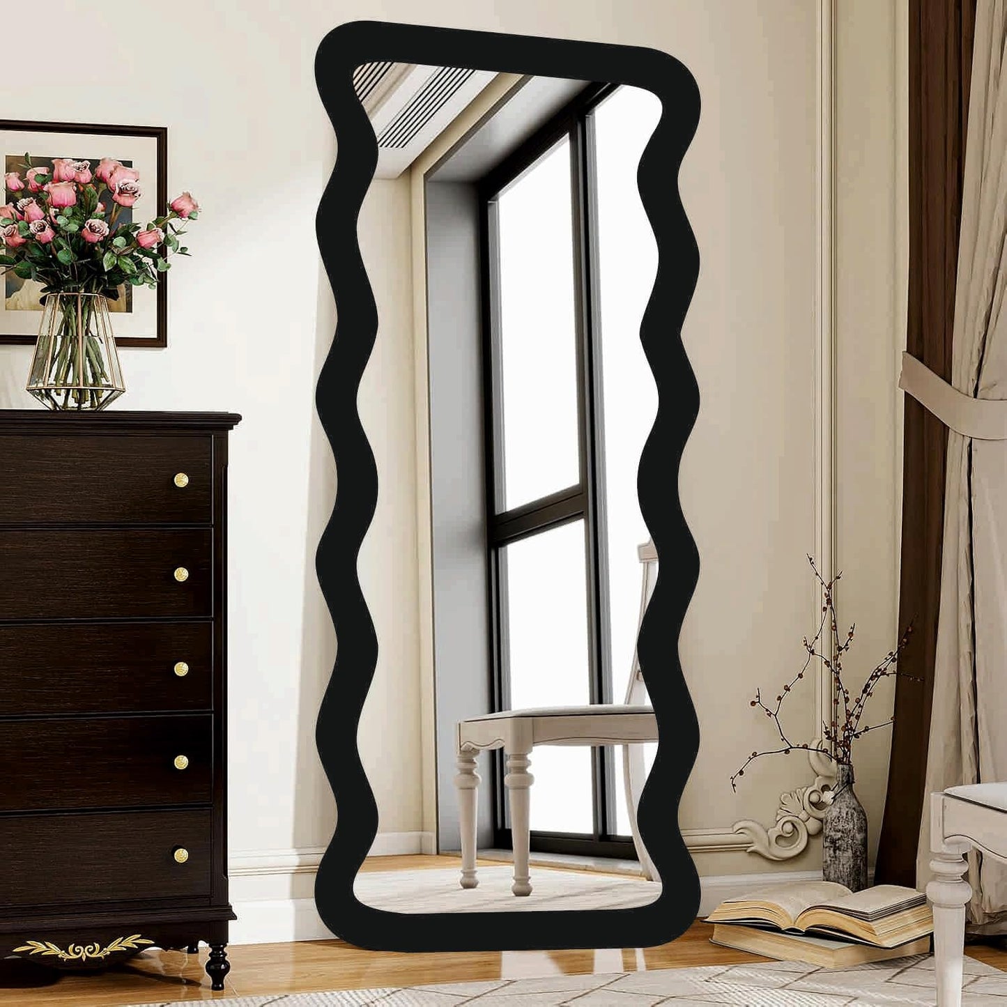 22 x 52 inch Full Length Dressing Cheval Mirror – Zigzag Curvy Irregular Shape MDF Wood Framed HD Mirror for Bedroom, Living Room & Home Decor