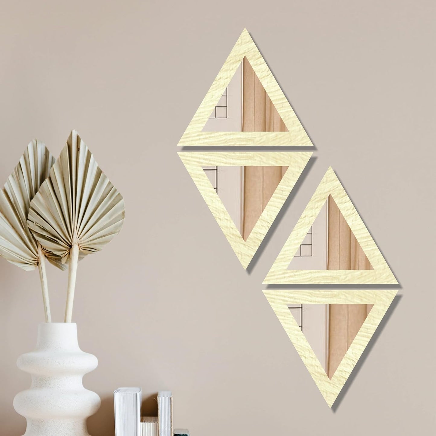 Triangular Wooden Wall Mirror Set of 4 – Self-Adhesive Decorative Mirrors for Living Room, Bedroom, Home Office, Lobby – 10x10 Inch Each