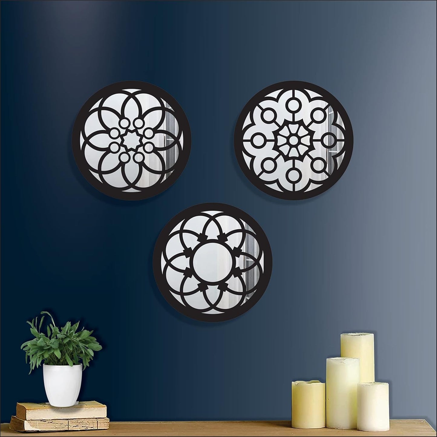 Handcrafted Wooden Wall Mirror Panel Set of 4 – HOME Letter Square Mirrors for Living Room, Bedroom, Lobby – Modern Black Wall Décor