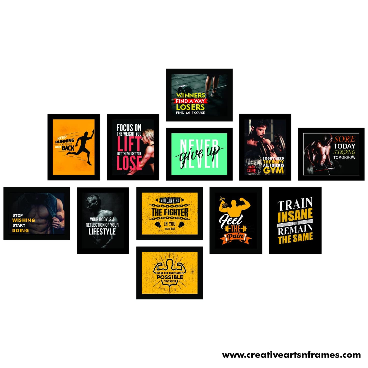 Set of 12 Avant Garde Framed Motivational Gym Posters | 7 x 9 inch Each | Wall Mount Rectangular Wall Art for Home or Office