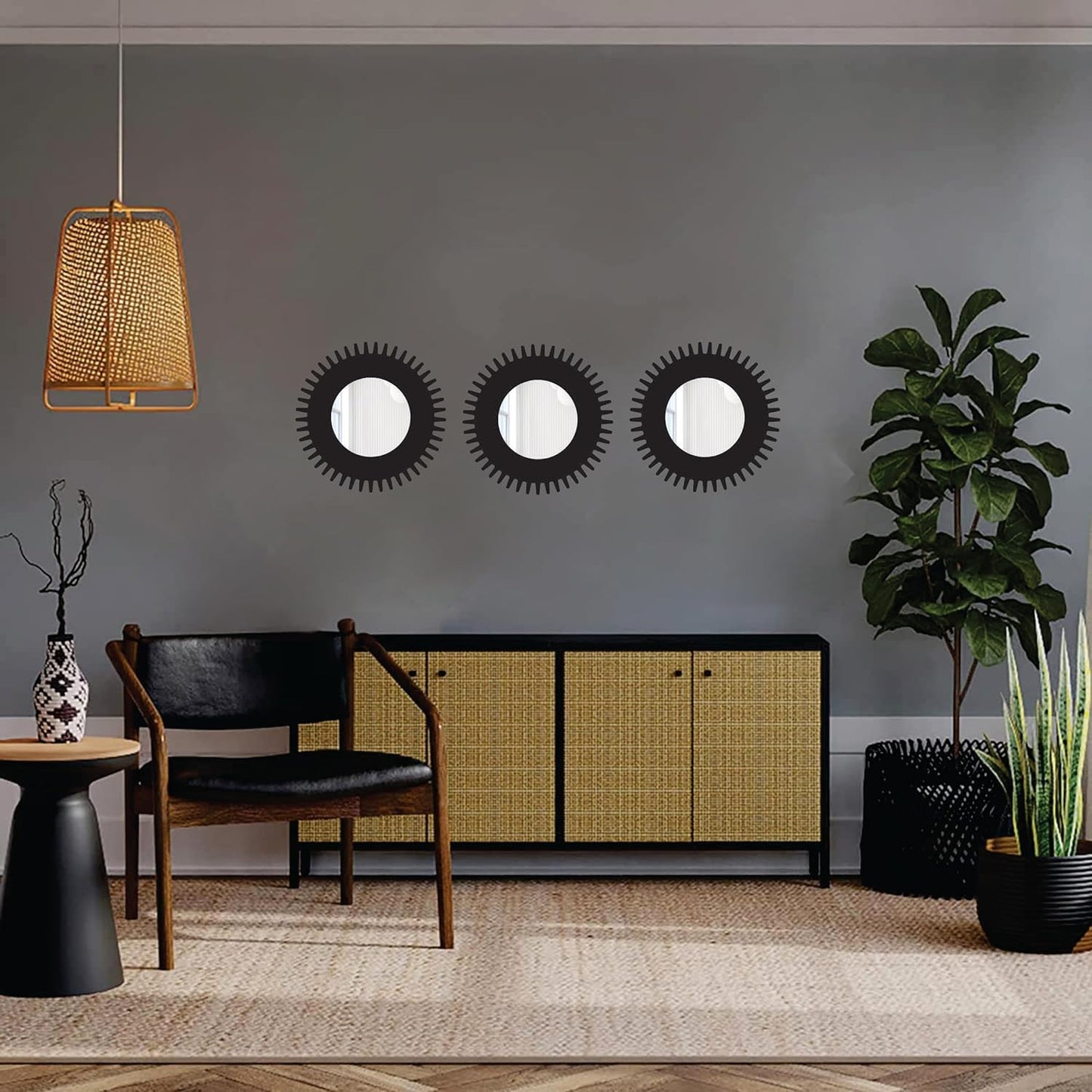 11-inch Round Decorative Wall Mirror Set - Handcrafted Wooden Frame HD Mirror Panels for Living Room & Bedroom Decor - Modern Sunburst Design (Set of 3)