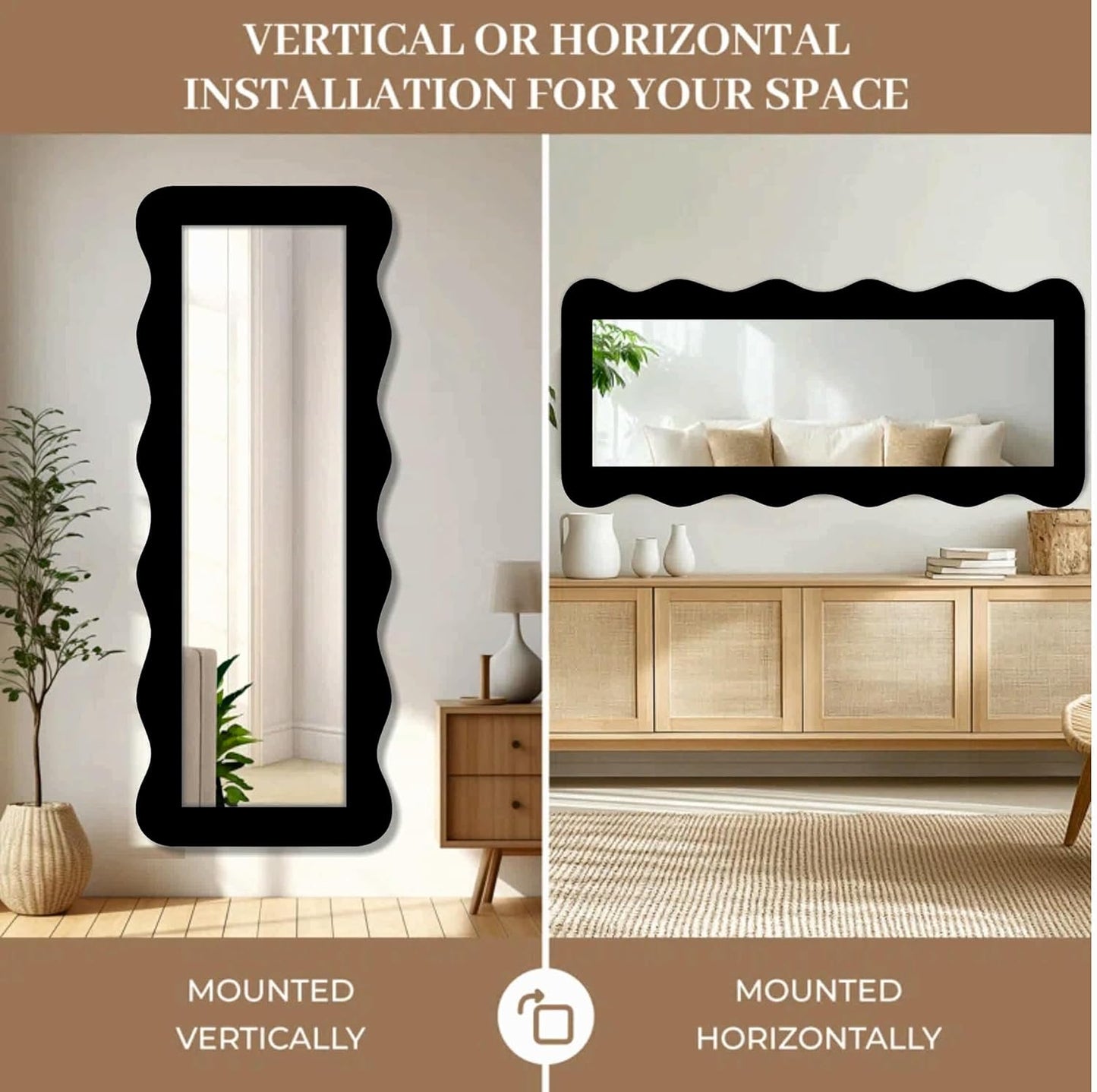 22 x 52 inch Full Length Dressing Cheval Mirror – Zigzag Curvy Irregular Shape, Long MDF Wood Framed HD Mirror for Bedroom, Living Room & Home Decor