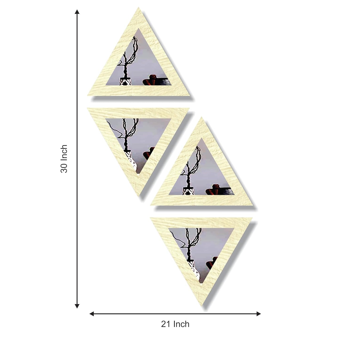 Triangular Wooden Wall Mirror Set of 4 – Self-Adhesive Decorative Mirrors for Living Room, Bedroom, Home Office, Lobby – 10x10 Inch Each