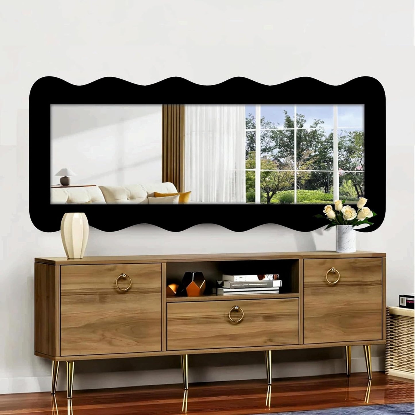 22 x 52 inch Full Length Dressing Cheval Mirror – Zigzag Curvy Irregular Shape, Long MDF Wood Framed HD Mirror for Bedroom, Living Room & Home Decor